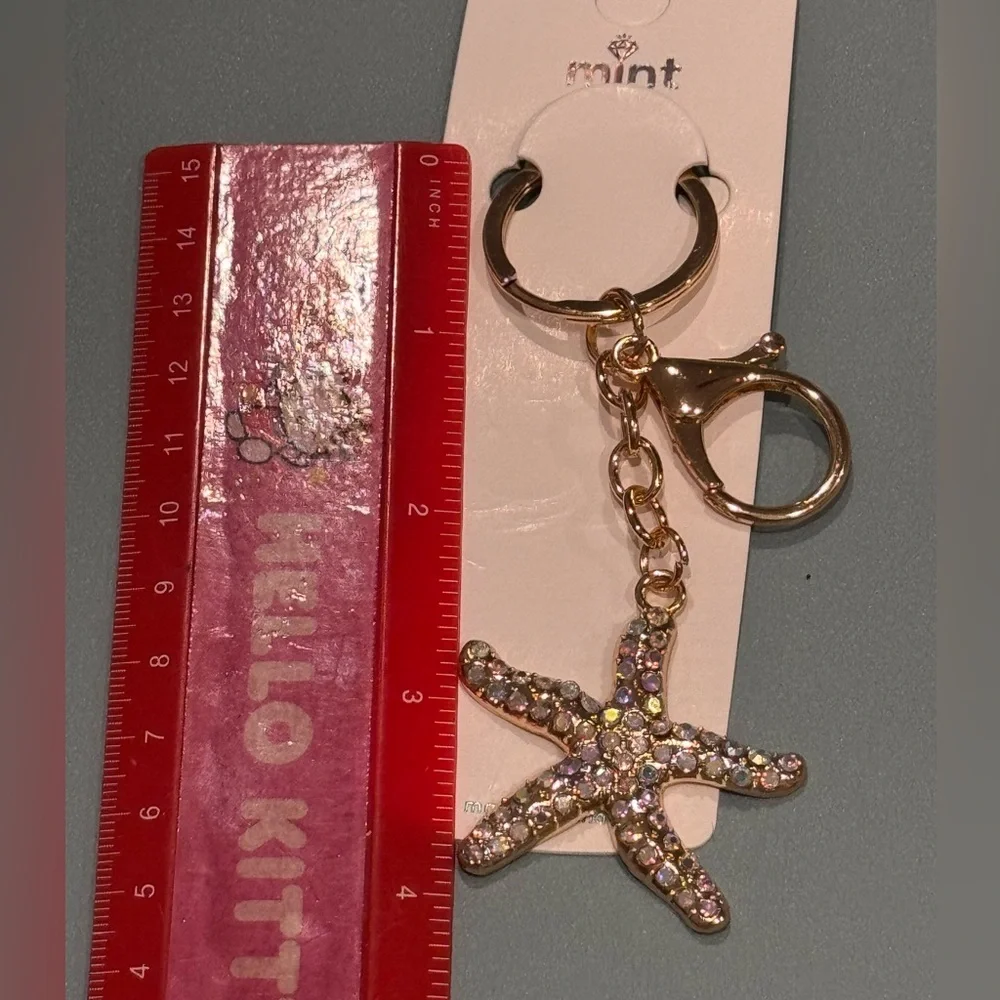 BAG CHARM Mint Starfish Keychain - Sparkly Crystal Sea Star Keyring Pink & Gold - Picture 3 of 6